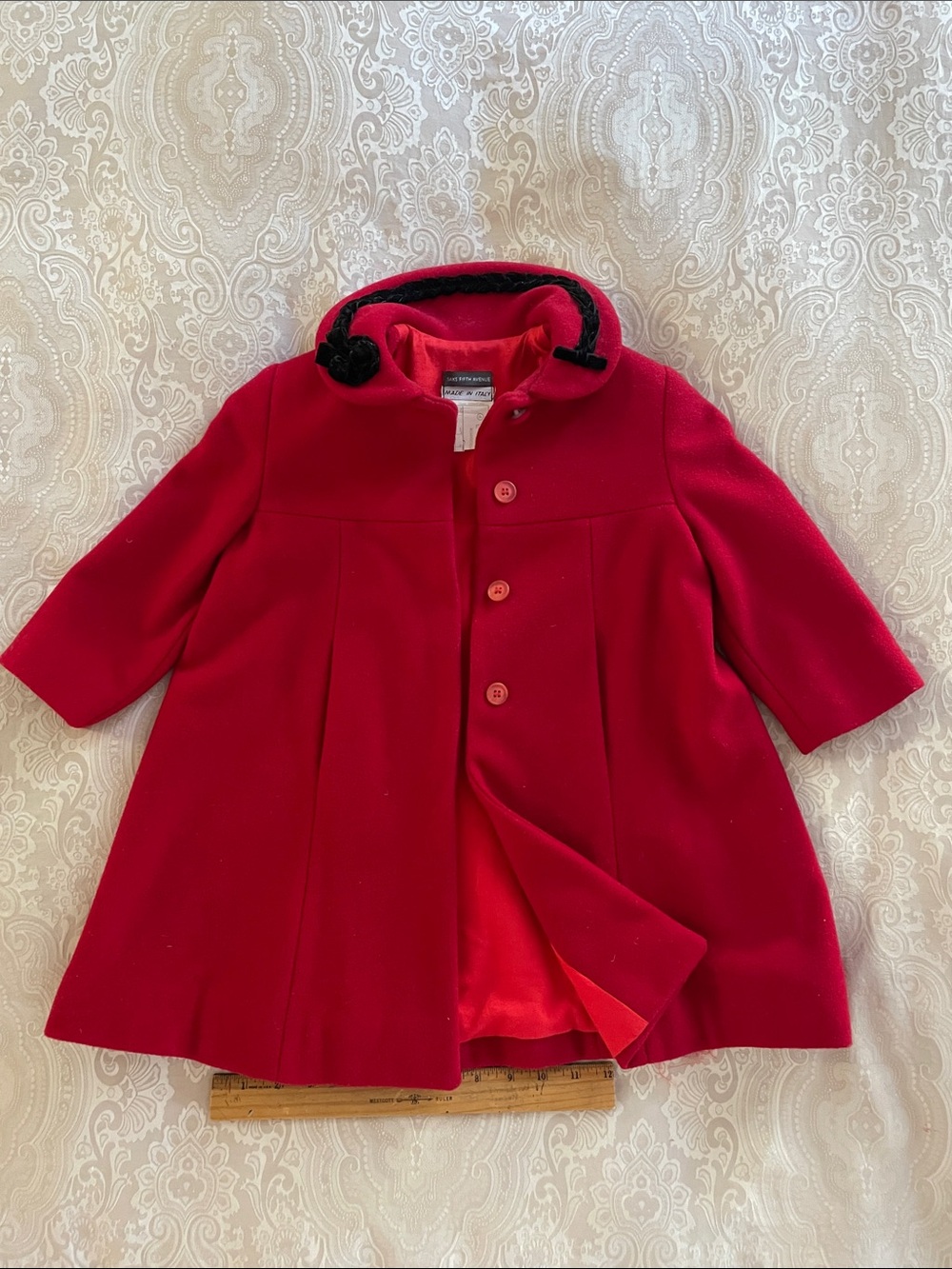 Saks Fifth Avenue Girls' Red Wool Coat with Black Trim